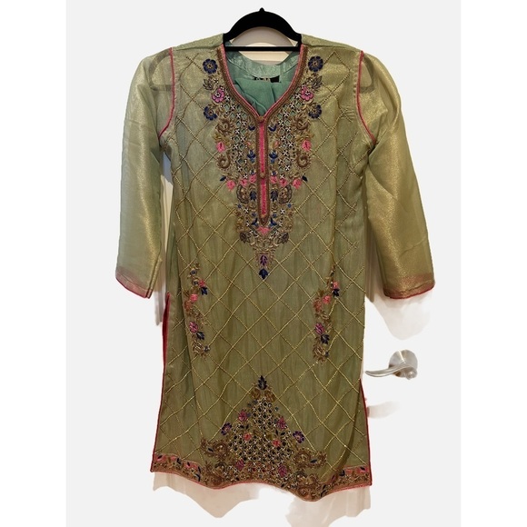 Pakistani Tissue Olive with multi colors dress size Medium - Picture 1 of 4